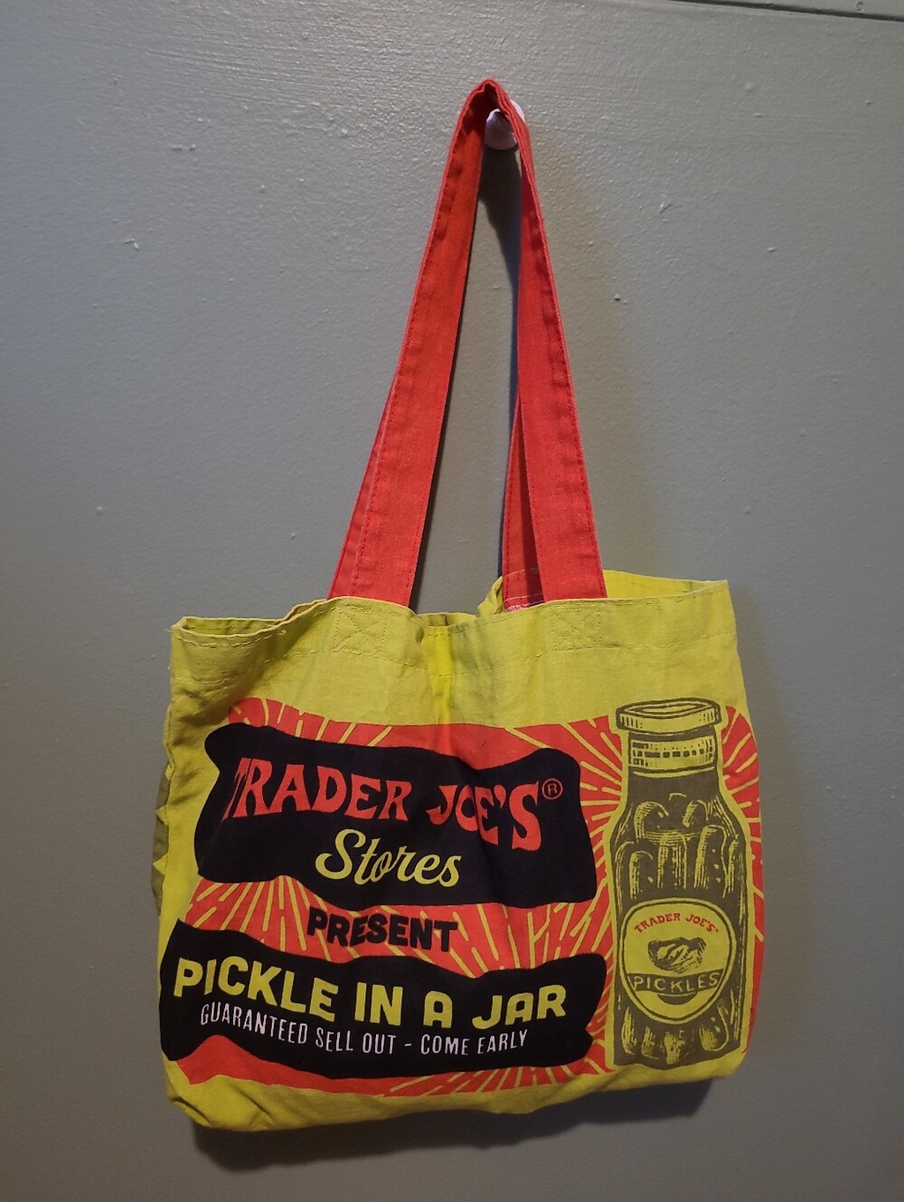 Trader Joe's PICKLE IN A JAR Canvas Cotton Tote Reusable Grocery Tote Bag Green